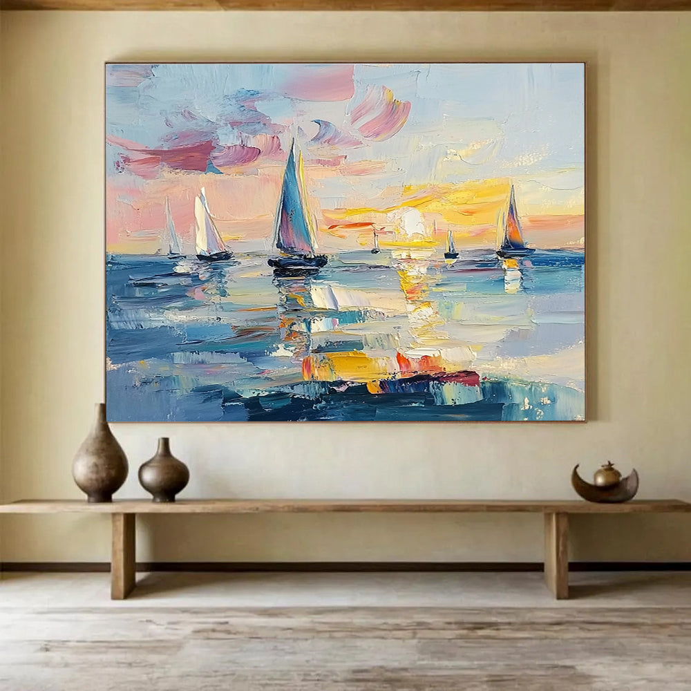 Large abstract painting of the ocean at sunset featuring sailboats vibrant pinks blues and yellows with expressive brush strokes and palette knife textures.SC606