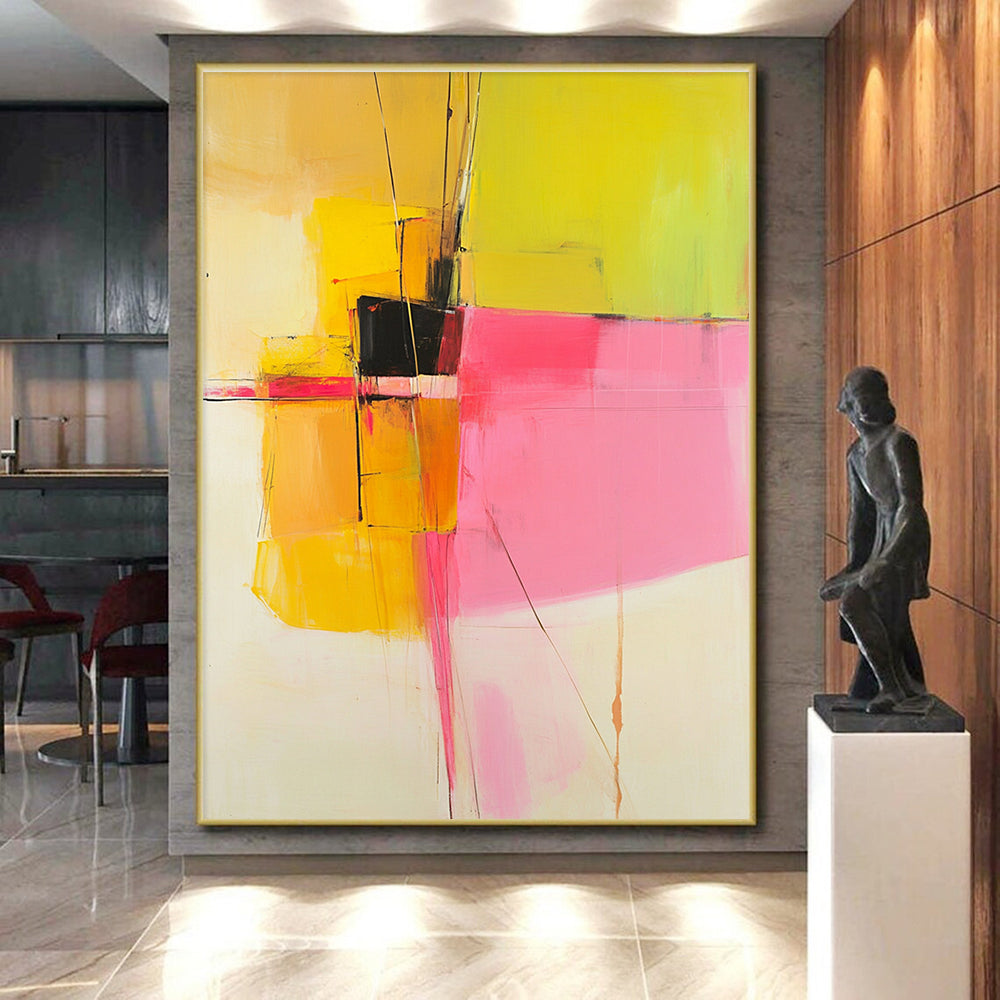 Yellow Pink and Black Abstract Painting with Geometric Forms GER692