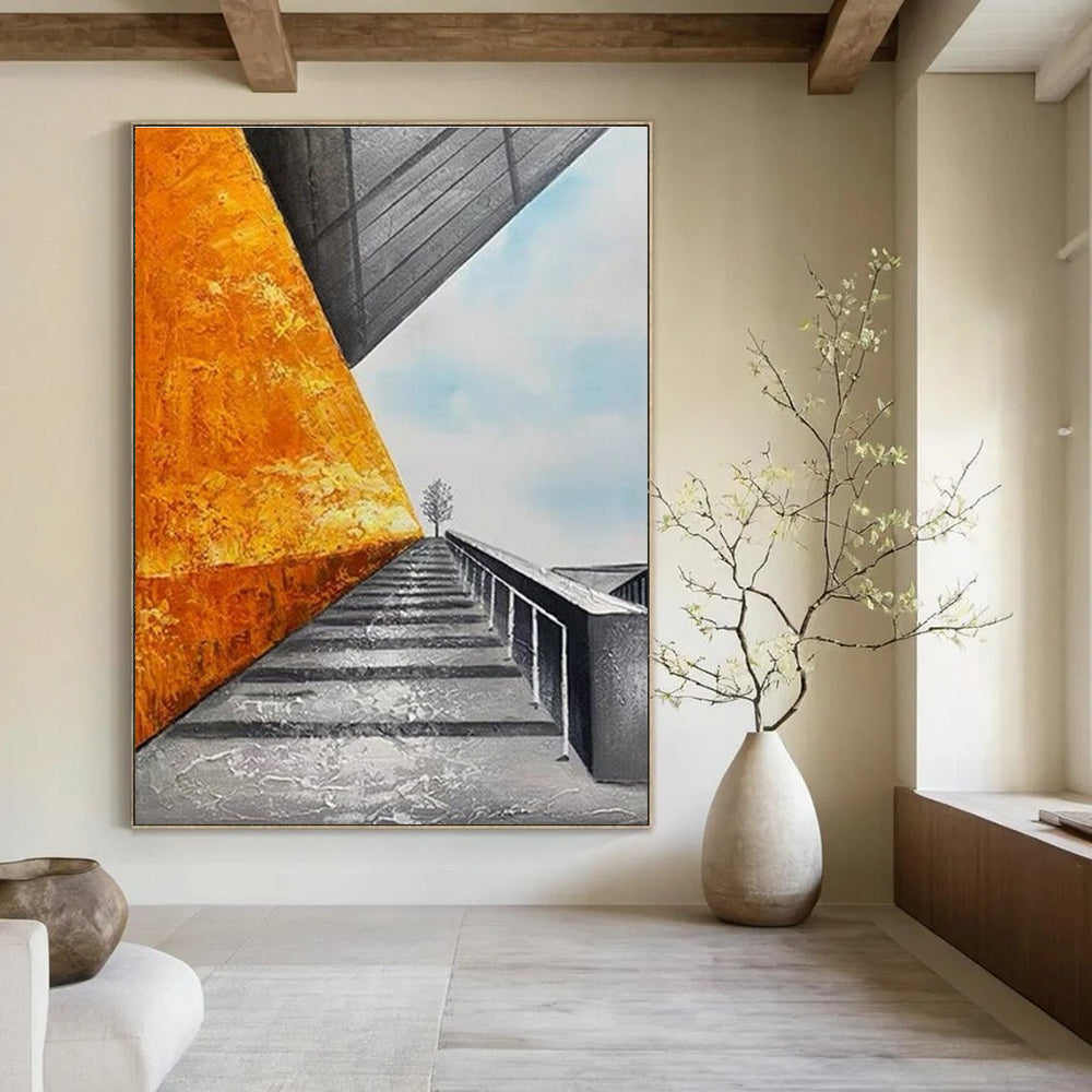 Architectural Landscape Abstract Painting with Orange and Gray ADGE281