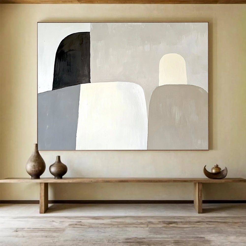 Large abstract painting featuring soft gray shapes against a white background with subtle forms and elegant modern aesthetic.SC589