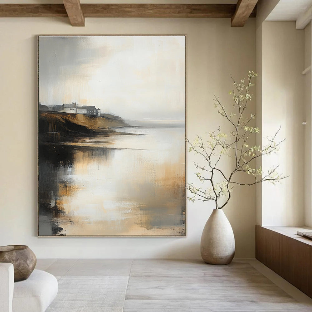 Large abstract oil painting of a misty coastal landscape in neutral tones with subtle gold highlights and low contrast colors.STSC589