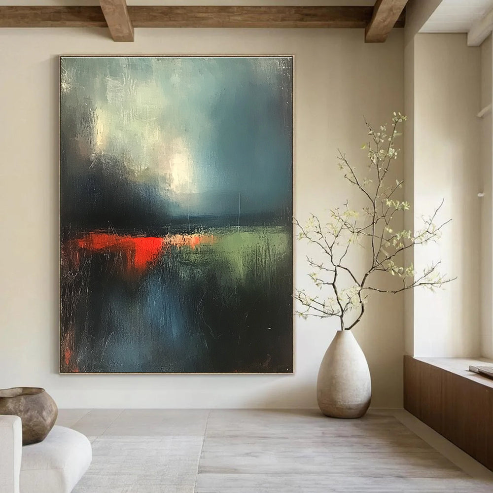 Abstract painting of the English landscape featuring dark green sky and atmospheric clouds with red lighting and soft textures using thick brush strokes.STSC702