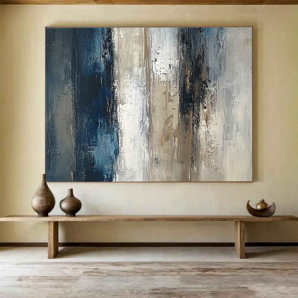 Abstract oil painting of a textured vertical wall featuring neutral tones with blue and brown accents on a beige grey and white canvas.SC121