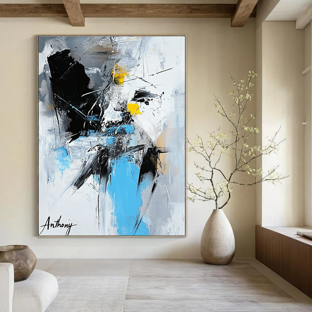 Large abstract painting featuring the name Anthony in vibrant colors with dynamic shapes and bold black brush strokes.STSC1275