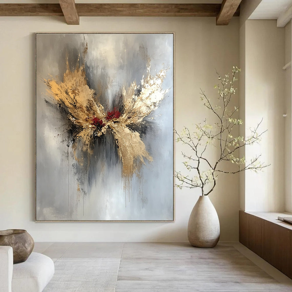 Large abstract painting in gold and silver with red and black splashes featuring elegant floral design and organic forms on a white background.STSC729