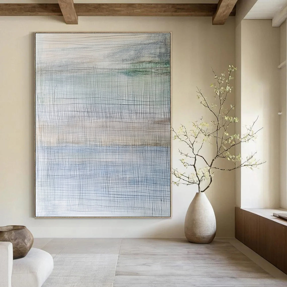 Abstract painting inspired by an ice shelf featuring thin horizontal lines in soft muted watercolor hues.STSC708