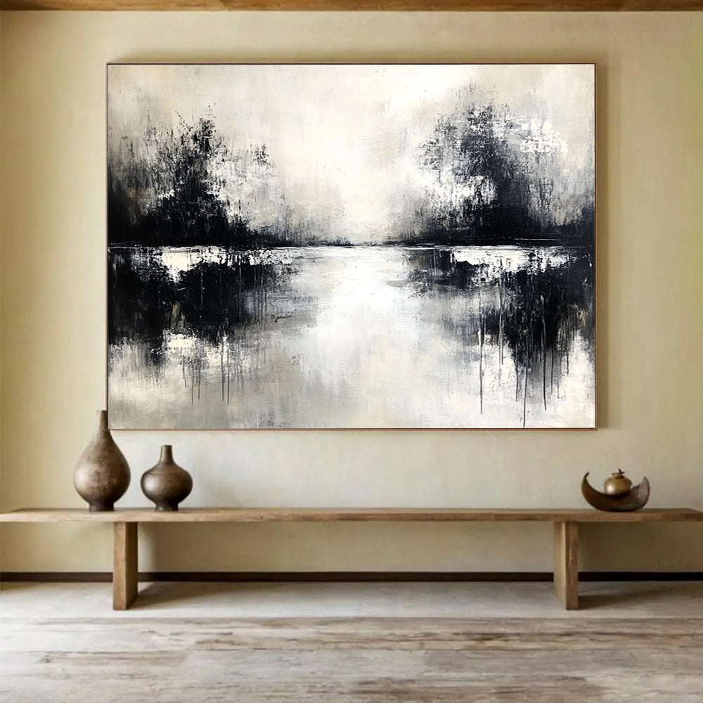An abstract painting in black and white with neutral tones soft edges on canvas featuring atmospheric elements and a serene water reflection.SC056