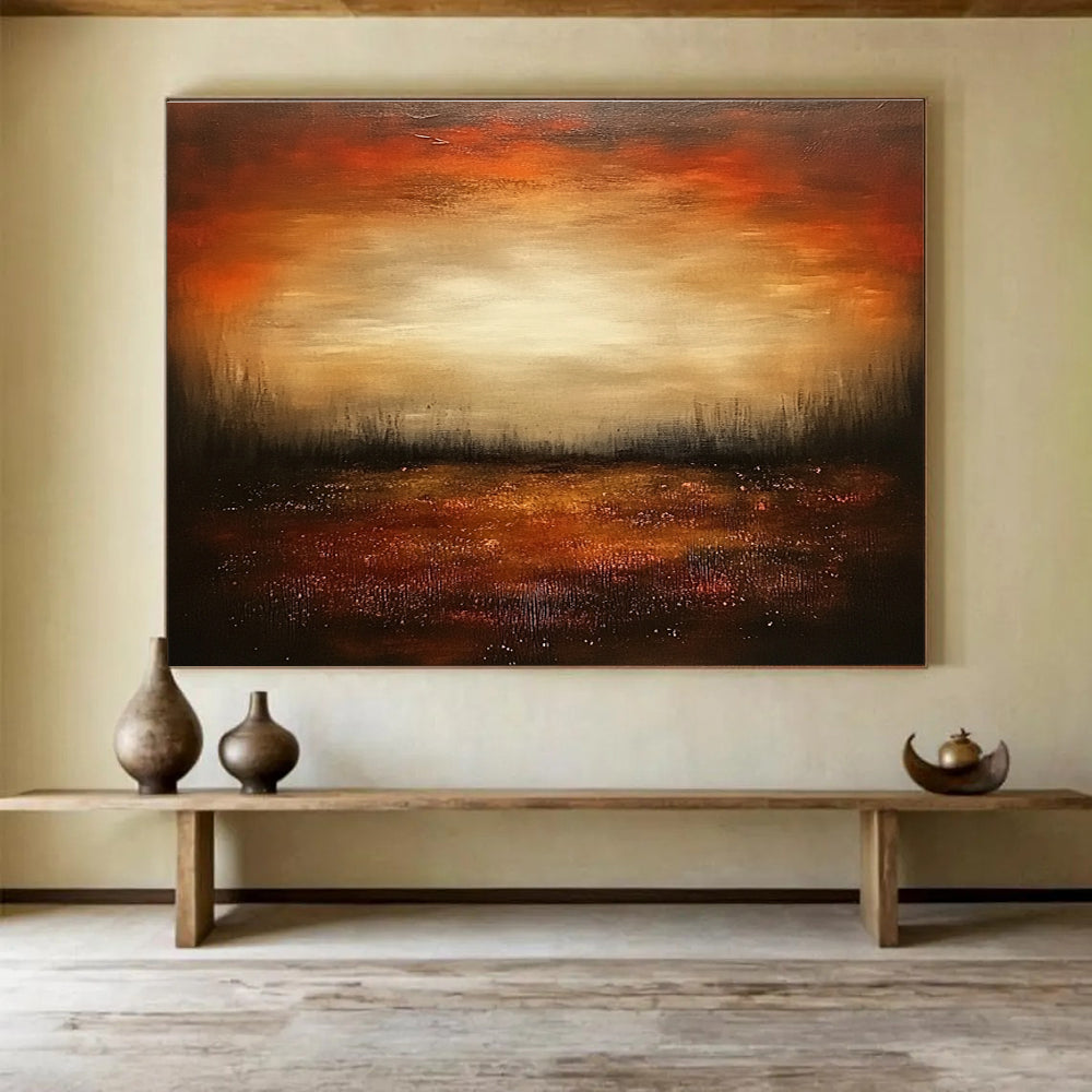 Dark Sunset Field Abstract Painting with Warm Oranges and Browns DYP246