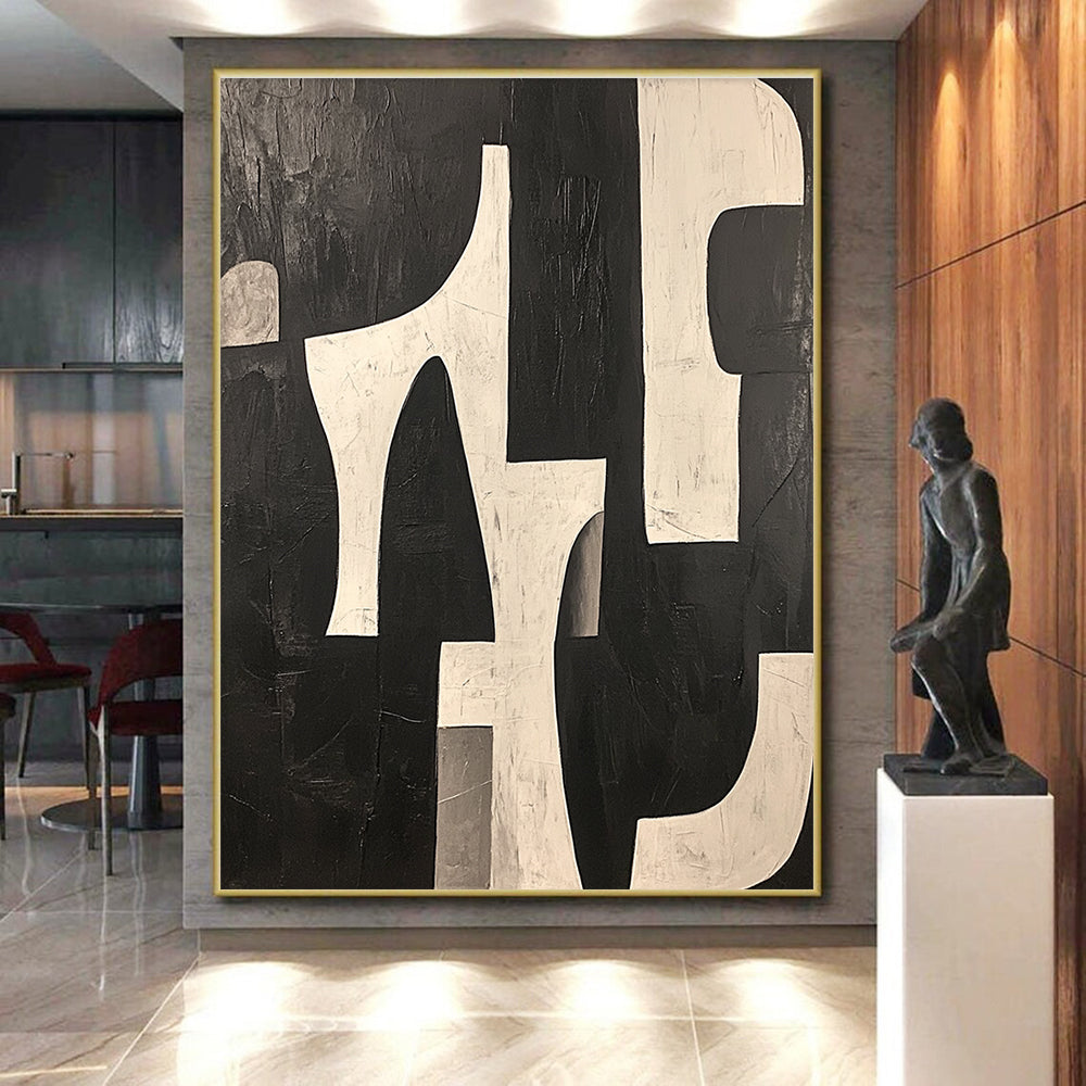White Geometric Shapes Abstract Painting on Black GER243