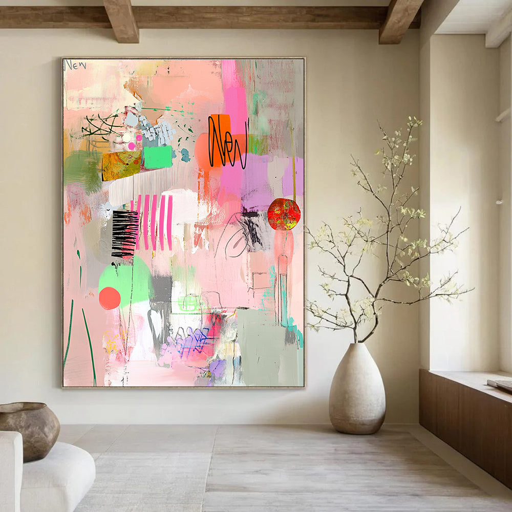A large abstract painting featuring pink and green tones collage elements and visible brush strokes conveying a whimsical feminine sensibility.STSC649