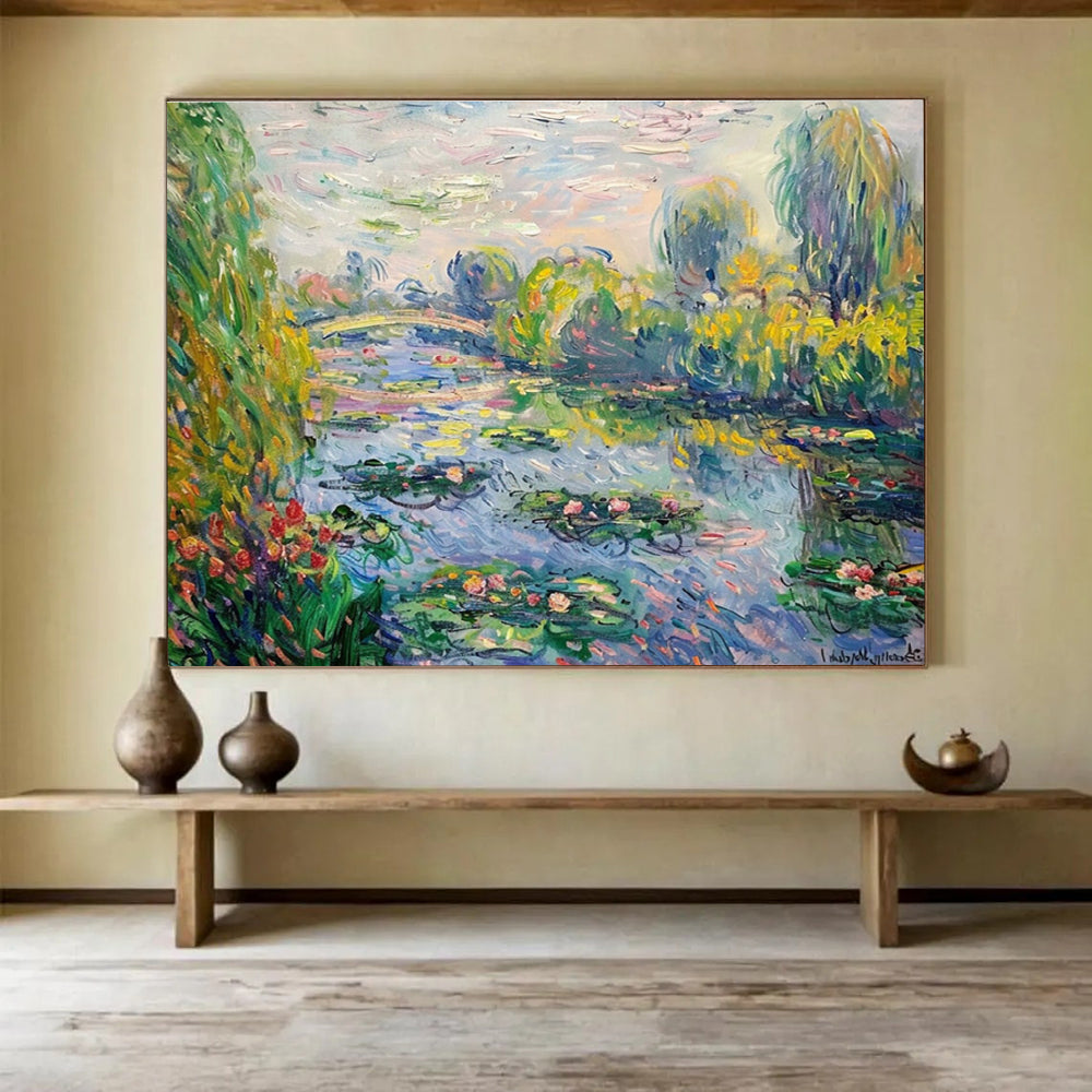 Water Lily Garden Abstract Painting with Green, Blue, and Pink Tones THY197