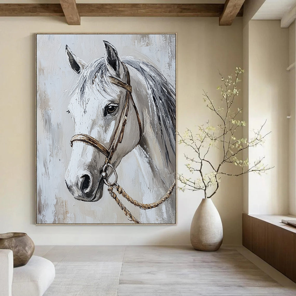 Abstract painting of a white horse's head capturing elegance with flowing grey mane and detailed halter in a luxurious light and shadow composition.STSC959