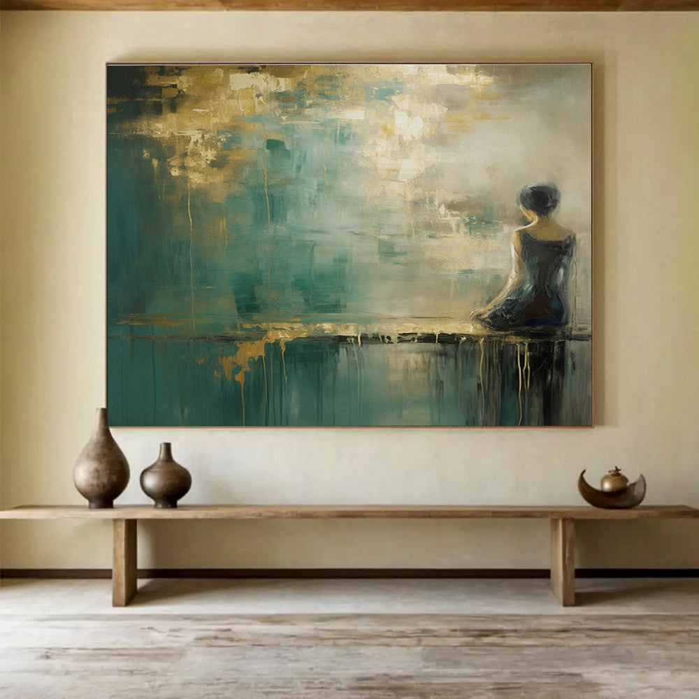 Teal and Gold Tones Figure - in - Landscape Abstract Painting THY086