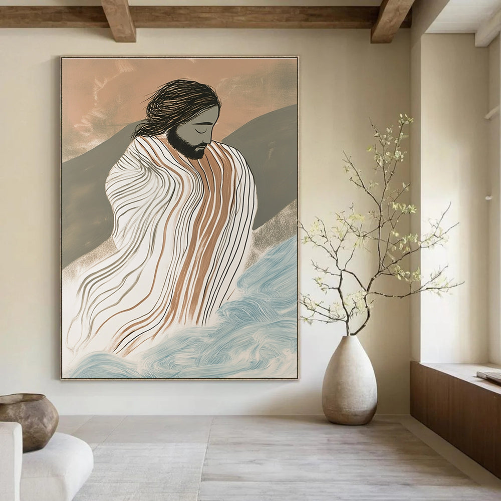 Large abstract painting featuring Jesus in striped robes surrounded by waves with an ink drawing effect and a misty atmosphere in a vibrant color palette.STSC1131