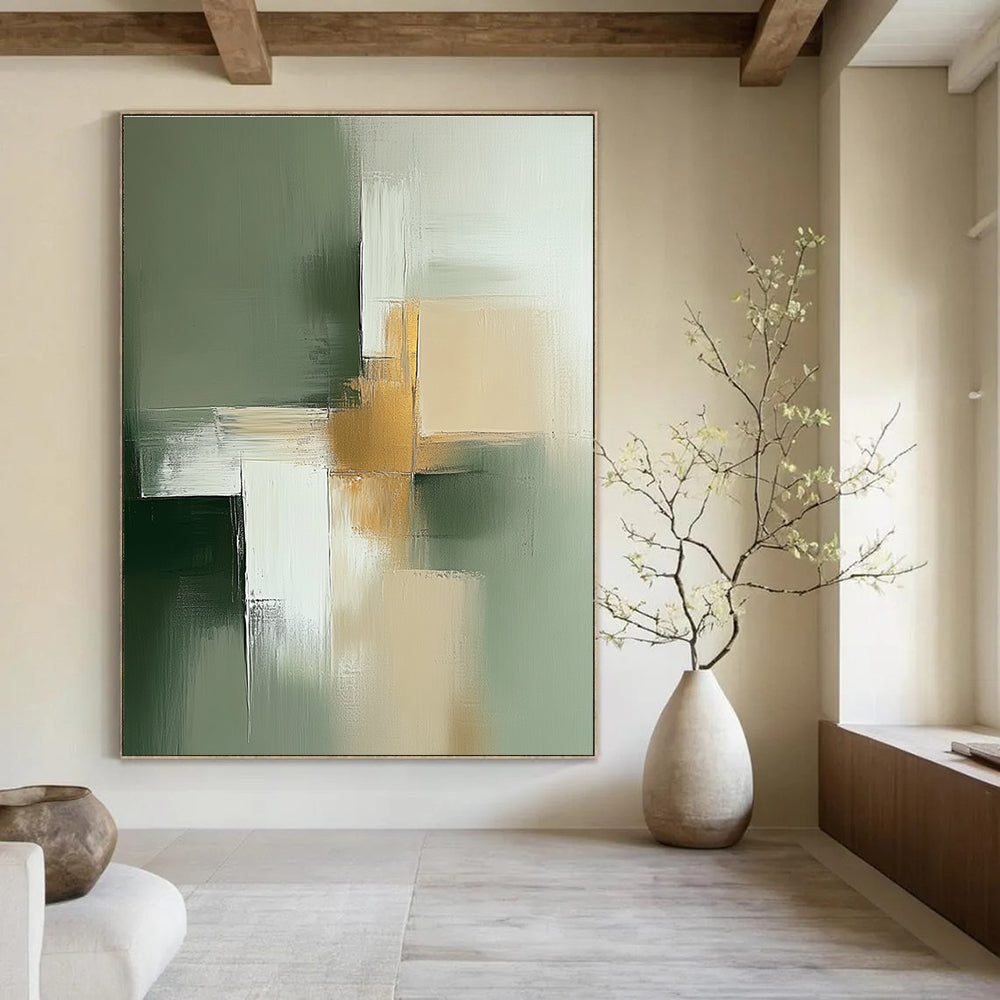 Abstract minimalist painting in sage green and beige with white featuring thick brush strokes and golden details for elegance.STSC566