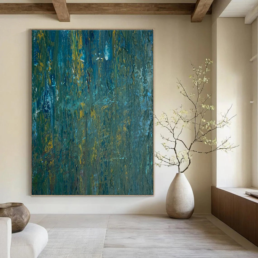 Teal - Yellow Textured Abstract Painting with Vertical Brushstrokes ADGE461