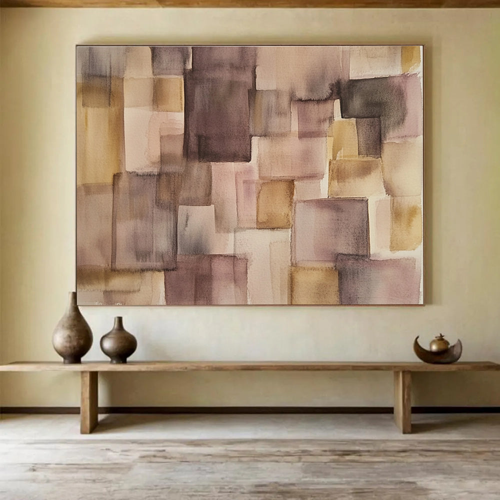 Large abstract watercolor artwork in soft pastel earth tones featuring a minimalistic patchwork design with an open central space ideal for modern decor.SC620