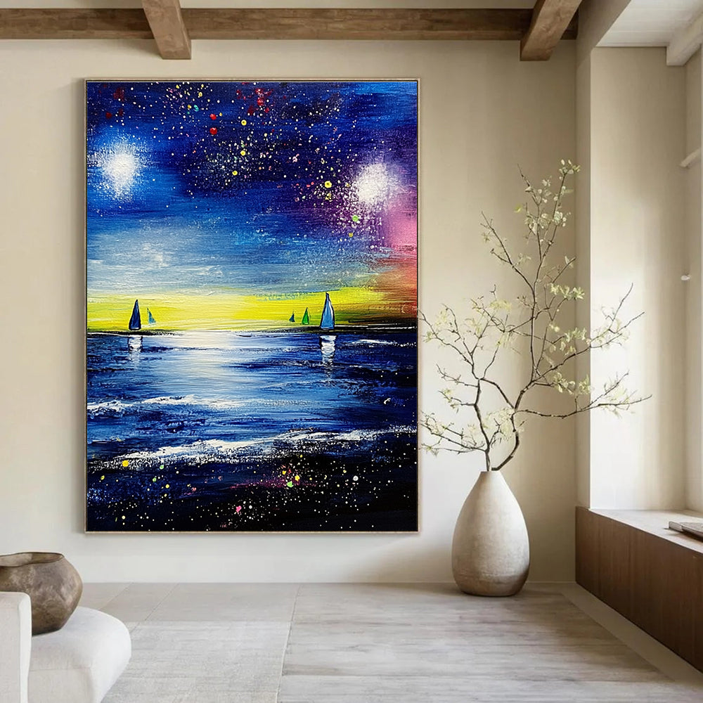 Large abstract painting featuring a vibrant blue sea and sky with stars and colorful sailboats in the distance.STSC526