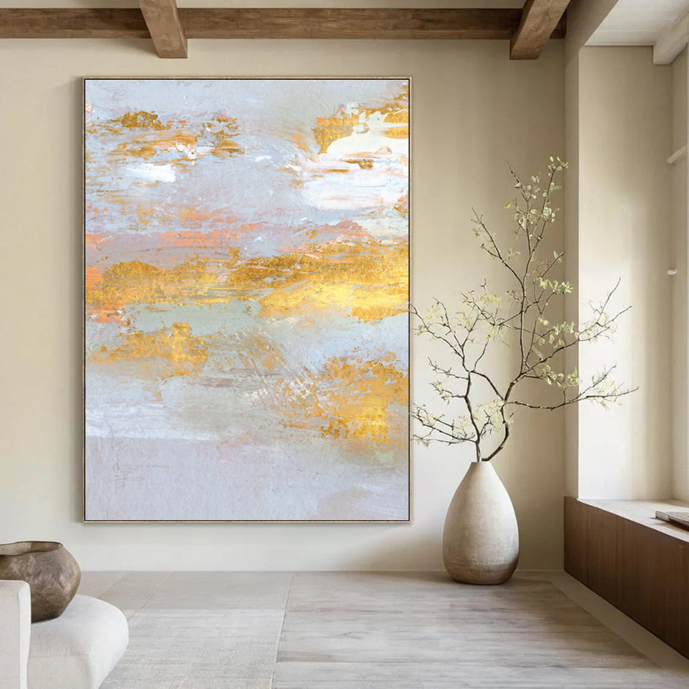 Gold and Pastel Abstract with Light Blue Background Painting ADGE159