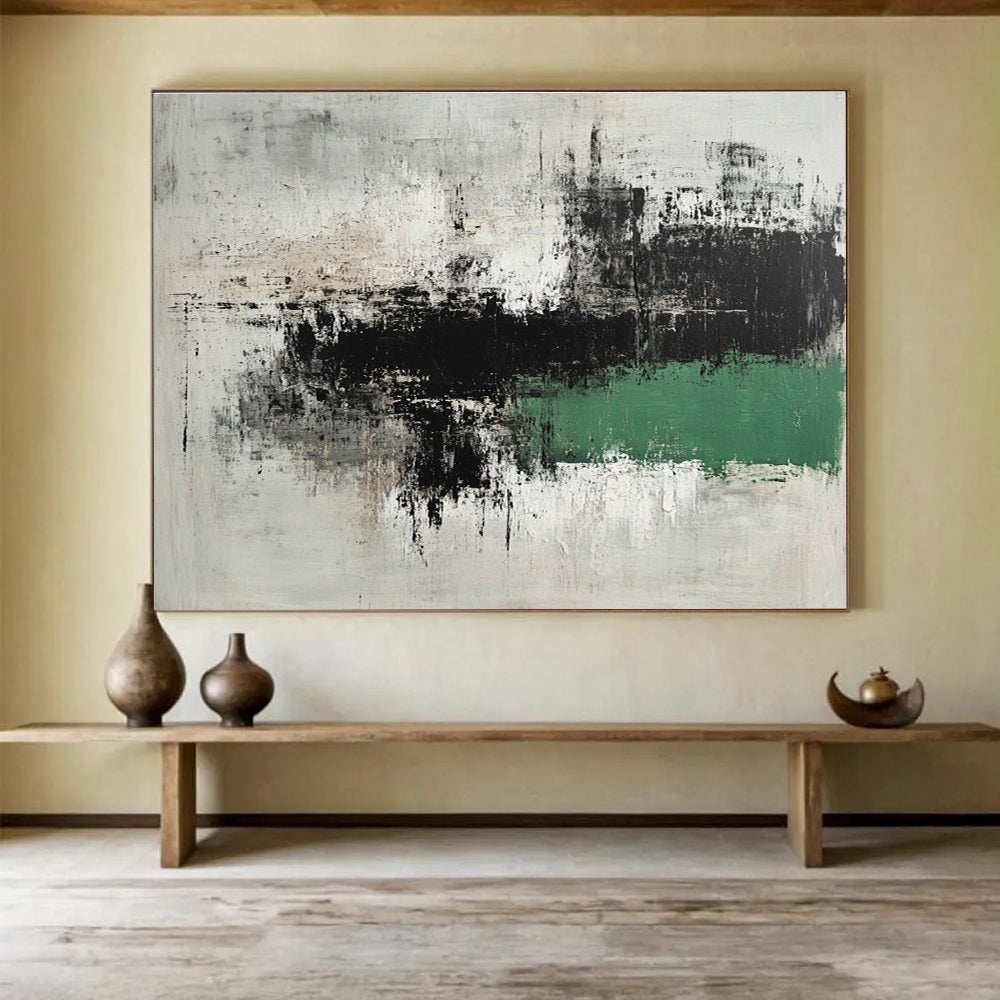 Large abstract painting in gray and green with thick brushstrokes minimalist landscape style and textured calm Zen atmosphere on dark background.SC220