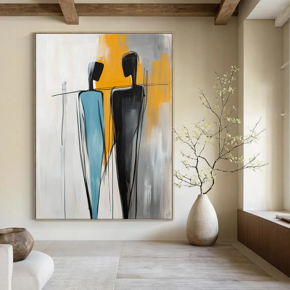 Large abstract painting featuring two figures one in light blue and the other in black with yellow accents against a white background with visible brush strokes.STSC1146