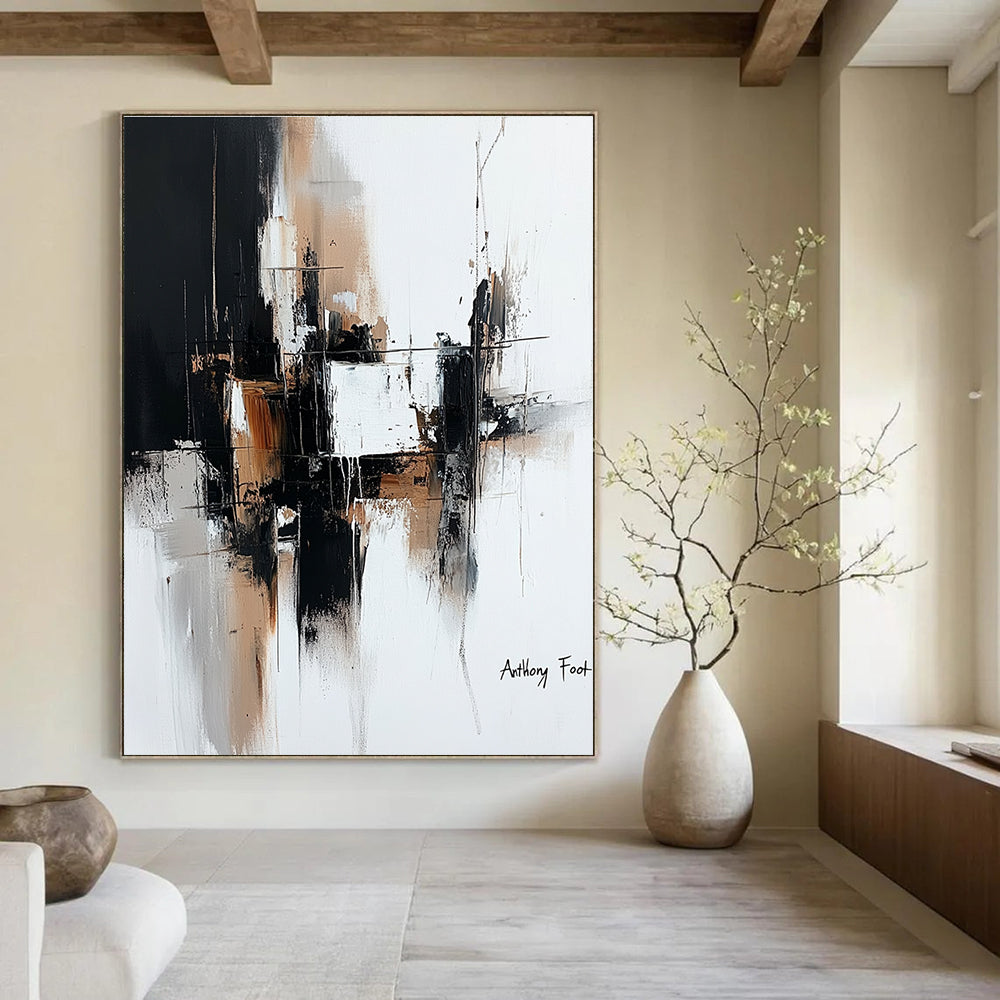 Large abstract painting with architectural lines in black and brown on white background by Anthony Foot featuring atmospheric brushstrokes and deconstructed minimalism.STSC1356