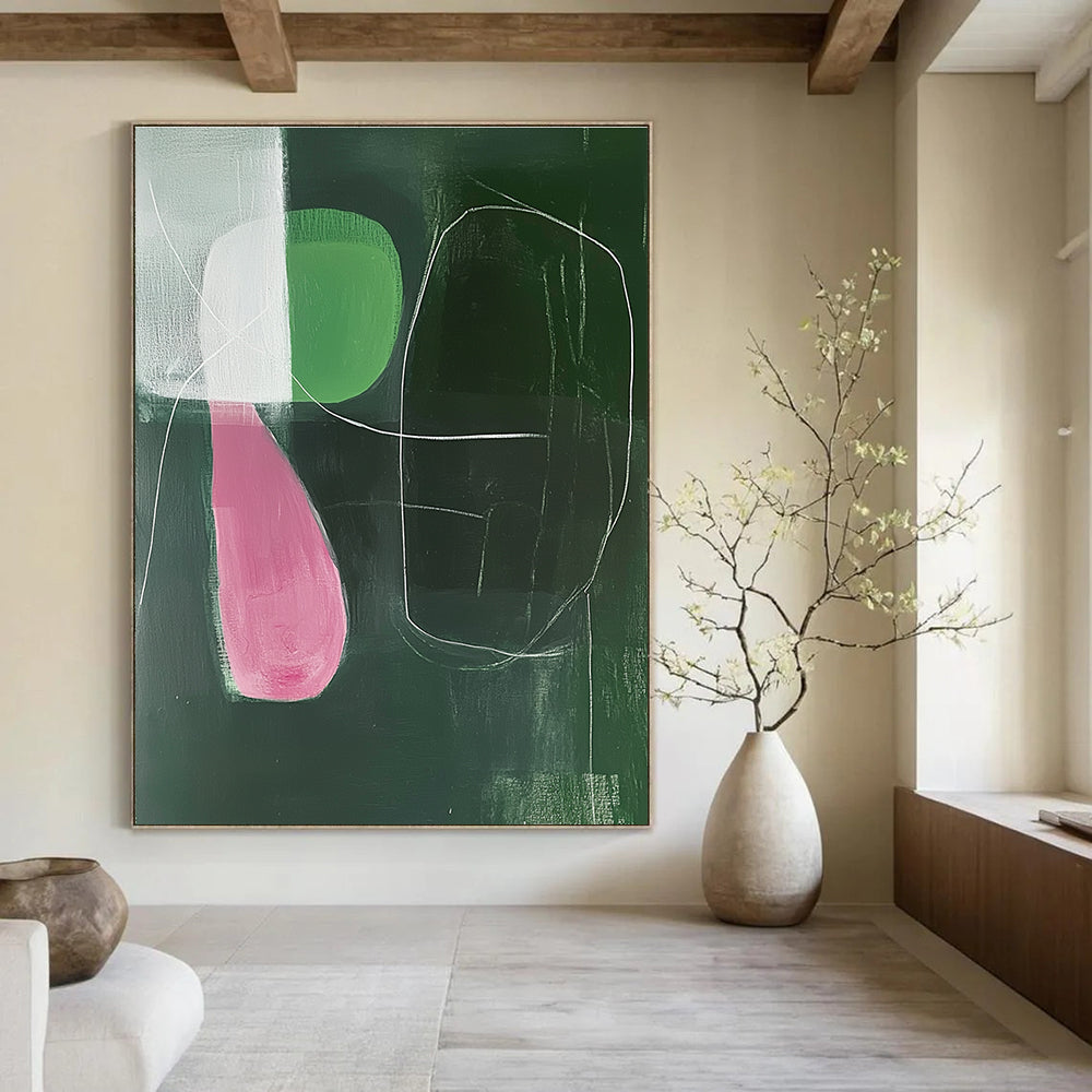 Large abstract painting featuring emerald and pink shapes with soft lighting and white lines in a minimalist Matisse-inspired style.STSC1298