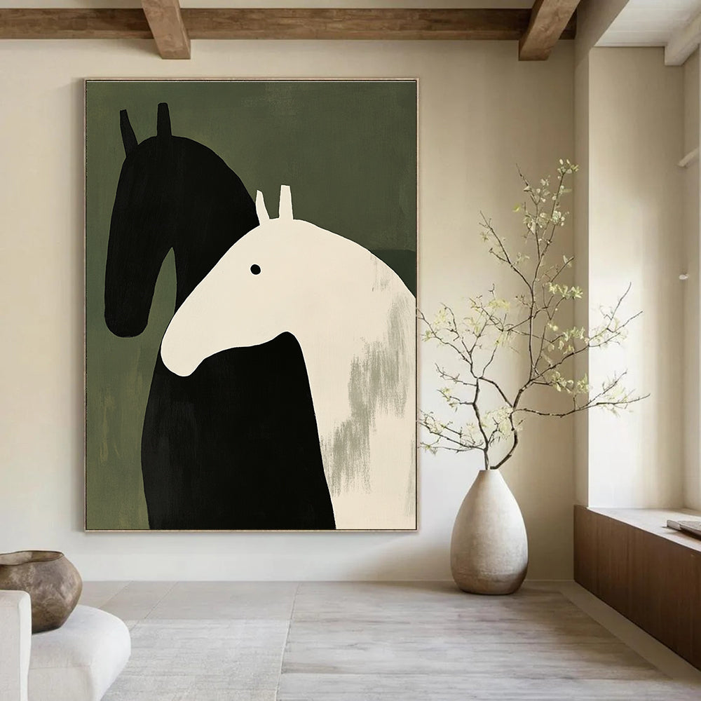 Large abstract painting featuring two horses in black and white with thick brushstrokes on a green background inspired by Henri Matisse's minimalism.STSC1077
