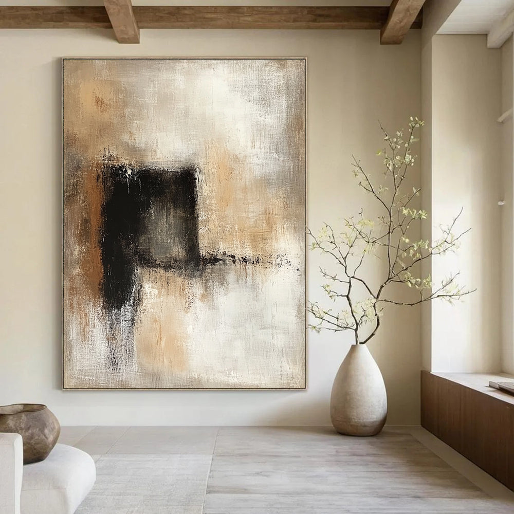 Large abstract painting featuring neutral tones in beige and brown, creating a calming and sophisticated atmosphere for any space.STSC780