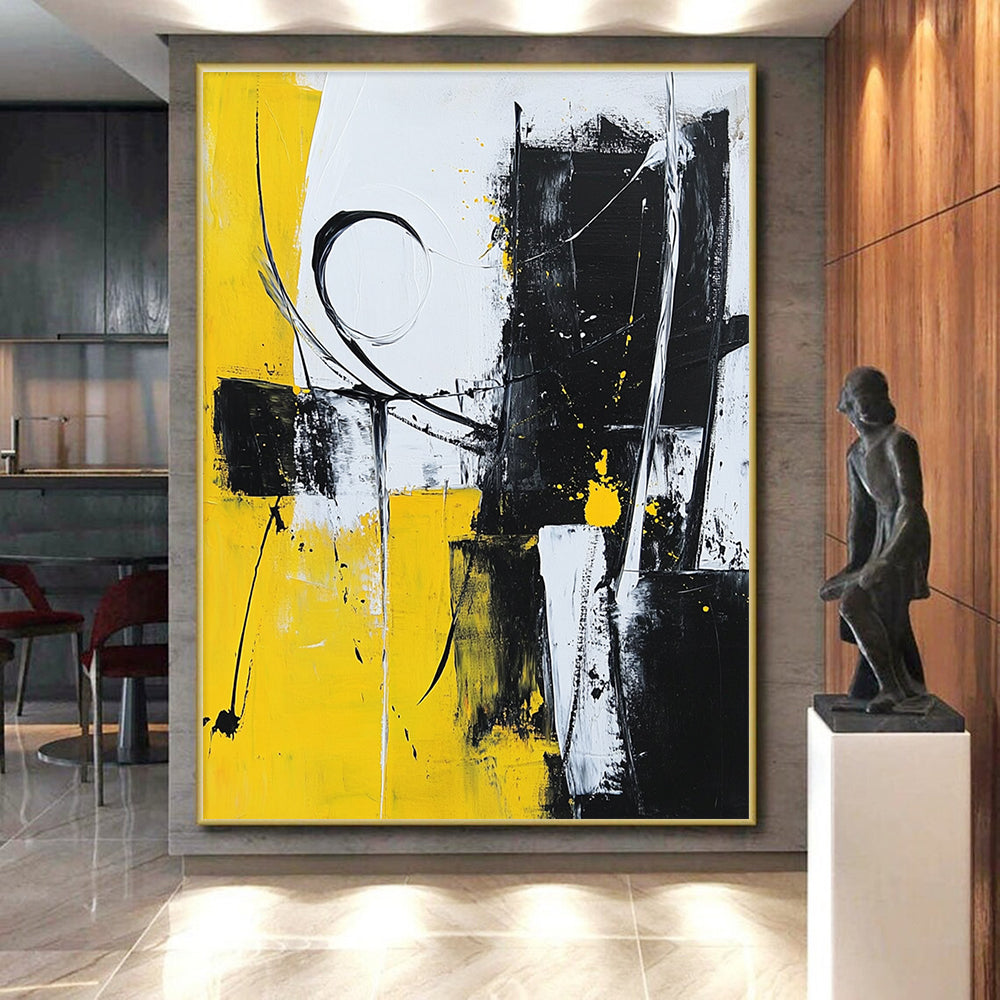 Yellow Black and White Abstract Painting with Dynamic Strokes GER511