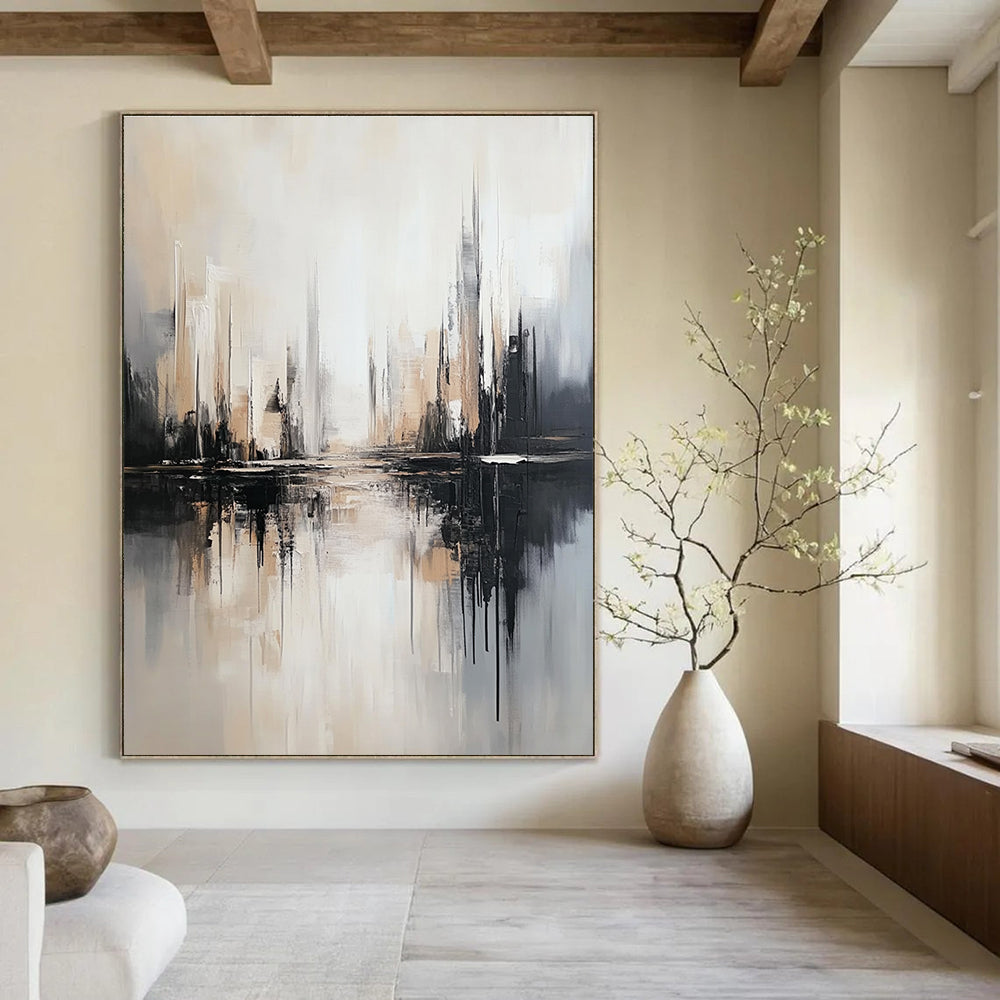 Large abstract artwork on canvas featuring neutral gray and light brown tones with a striking black and white cityscape backdrop.STSC1352
