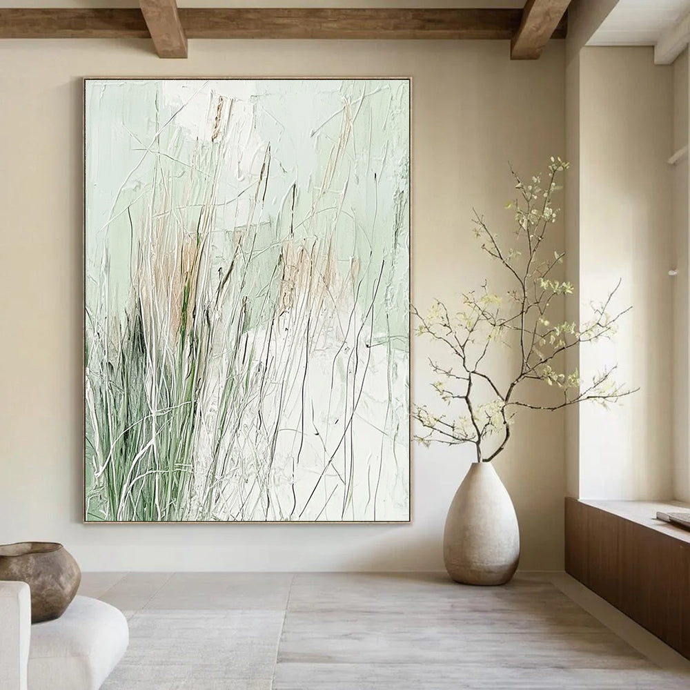 Abstract painting featuring light green and white, layered with delicate lines and wild grasses for a serene nature-inspired aesthetic.STSC939