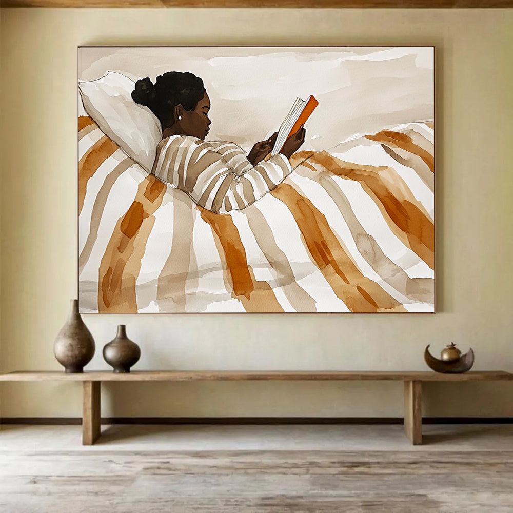 Woman Reading in Bed Watercolor Abstract Painting with Warm Neutrals DYP615