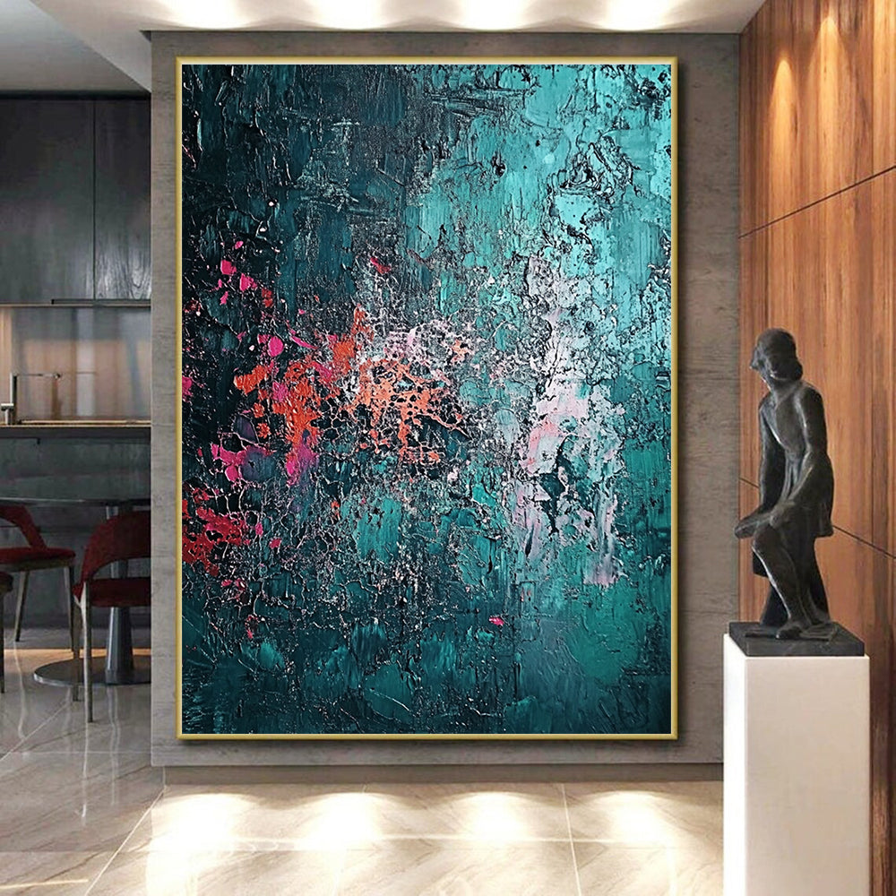 Teal Pink and Orange Textured Abstract Painting with Crackle Effects GER642