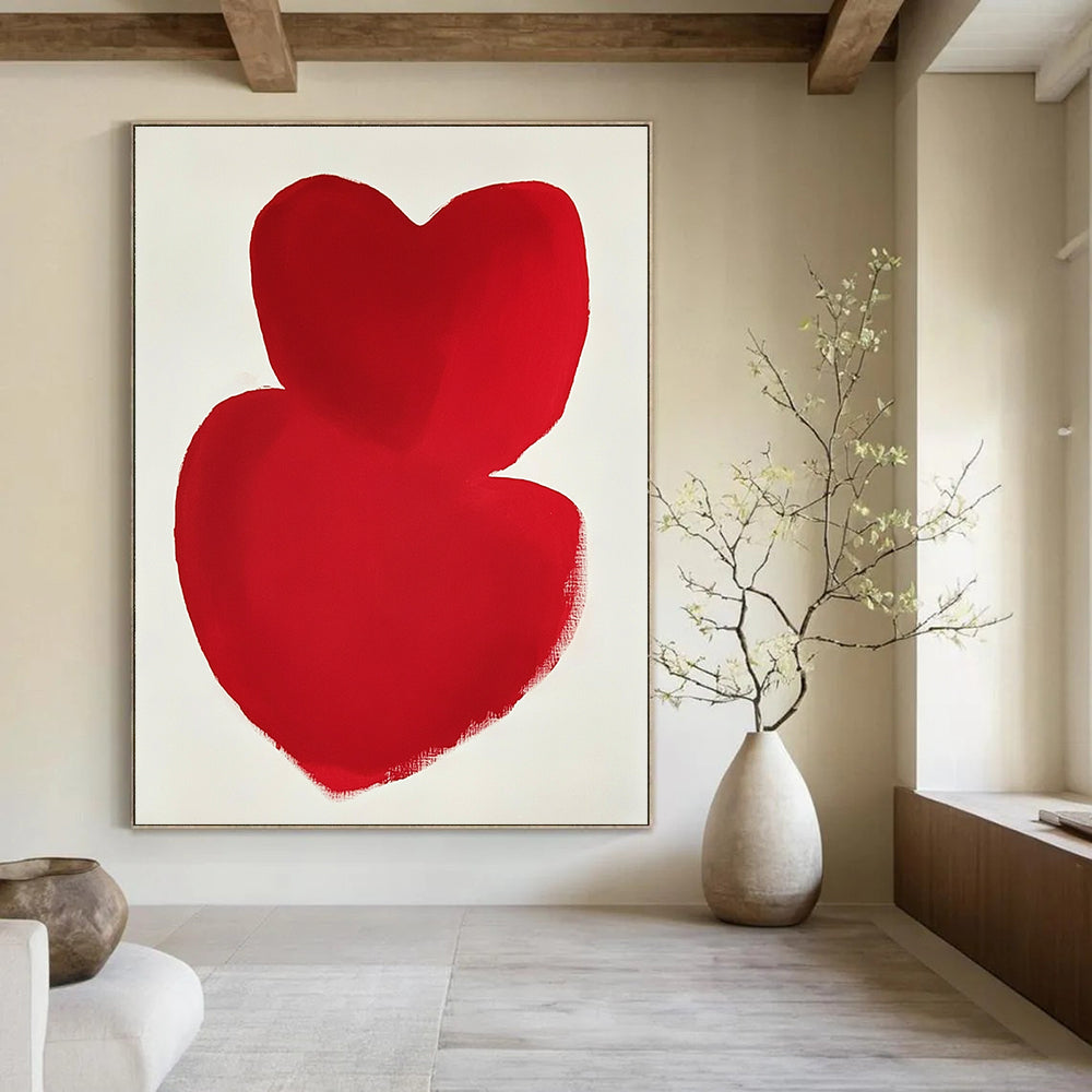 A large abstract painting featuring overlapping red hearts on a white background inspired by minimalist art in the style of Mark Rothko.STSC1192