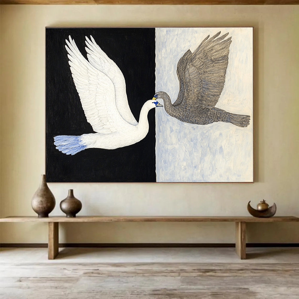 Black and White Abstract Painting of Two Birds in Flight DYP149