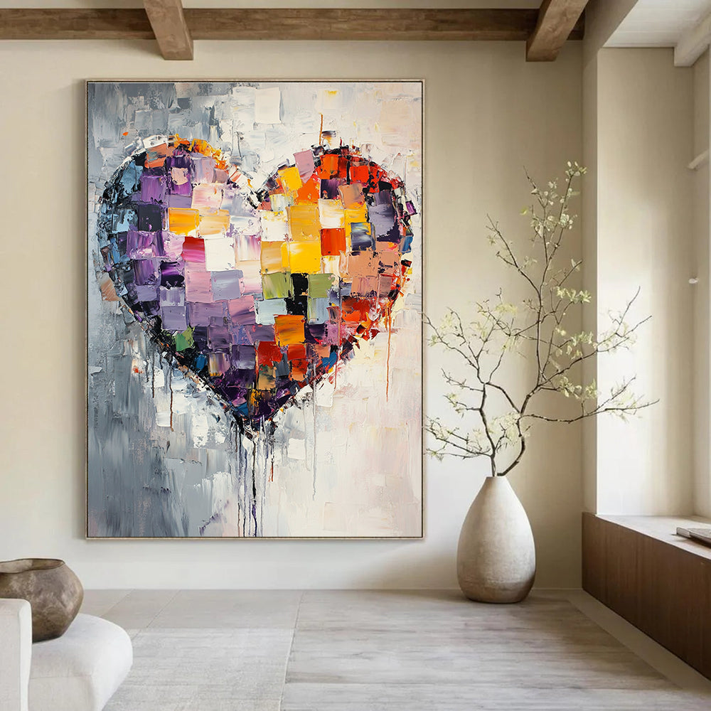 Large abstract painting featuring a mosaic heart with vibrant colors and textured layers, evoking emotion through dynamic brush strokes and dripping details.STSC559