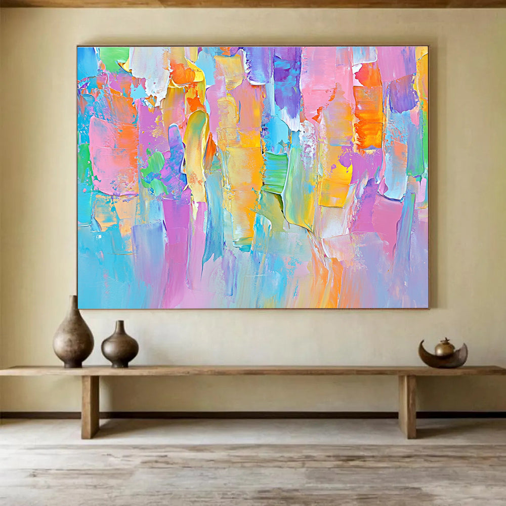 Large abstract painting featuring soft pastels and bold lines, evoking springtime joy with vibrant colors and playful brushstrokes.SC185