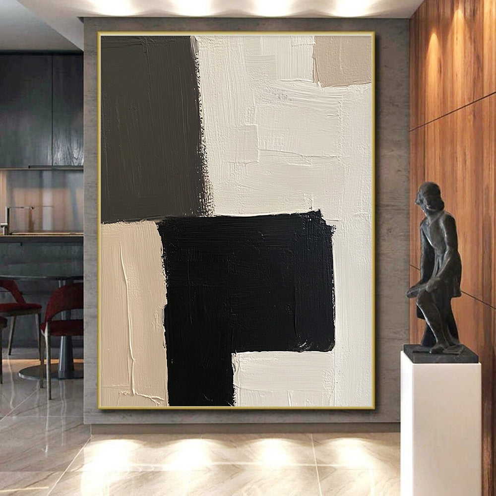 Black White and Beige Abstract Painting with Geometric Forms GER502