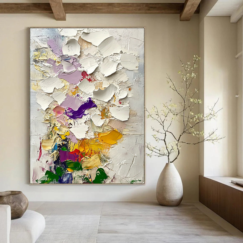 Large abstract painting of textured clouds in pinks purples and yellows with green leaves inspired by Gustav Klimt's style.STSC364