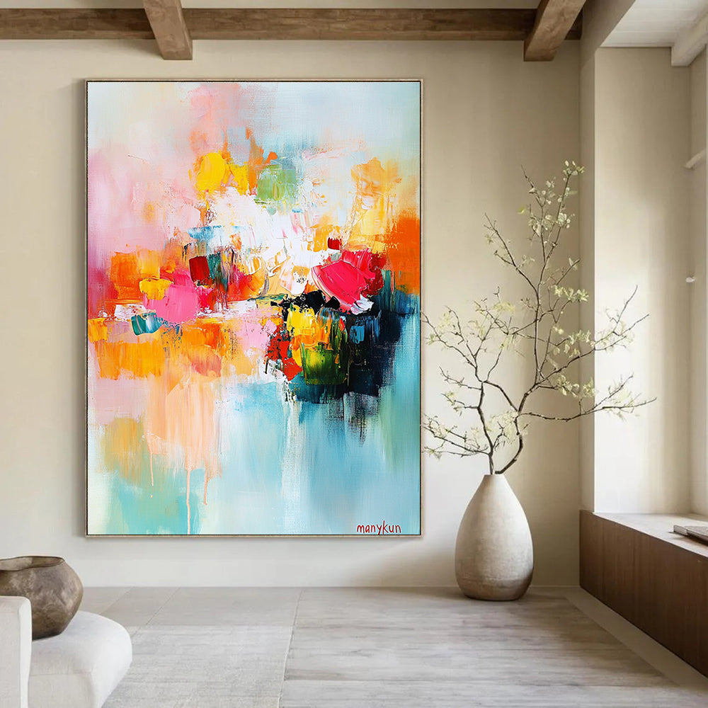 Large abstract painting in bright colors featuring harmonious shapes and soft edges with central text manykun suggesting a serene garden atmosphere.STSC414