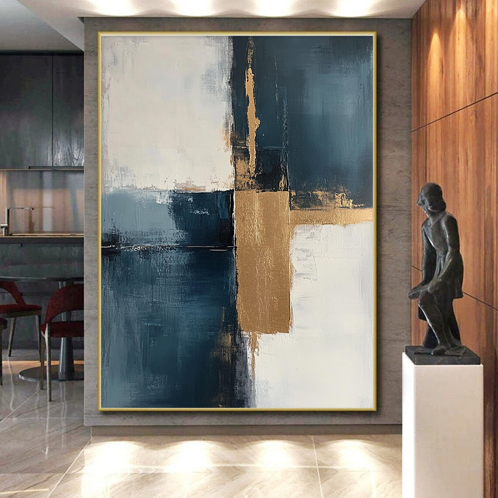 Muted Blue and Gold Abstract Painting with Understated Luxury GER377