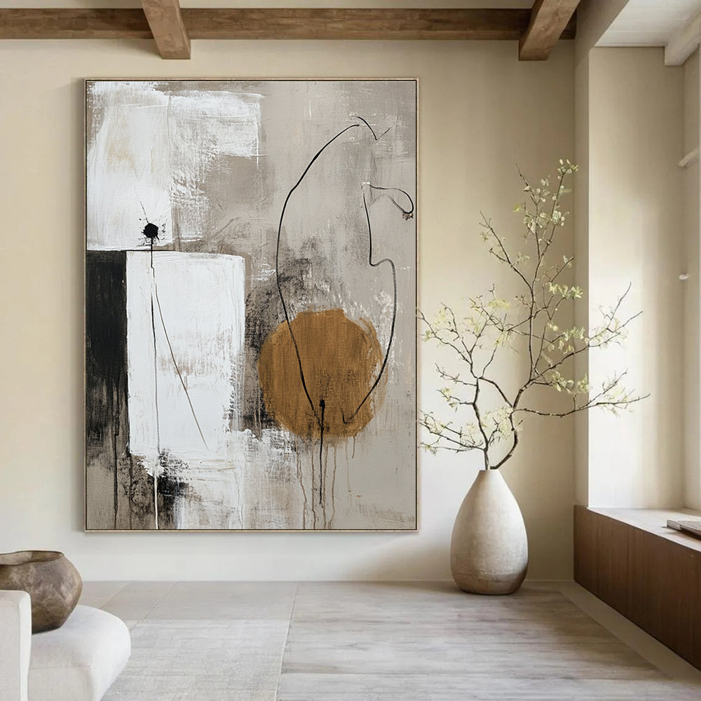 Large abstract painting in neutral tones featuring white shapes and a single accent color for a minimalistic touch.STSC777