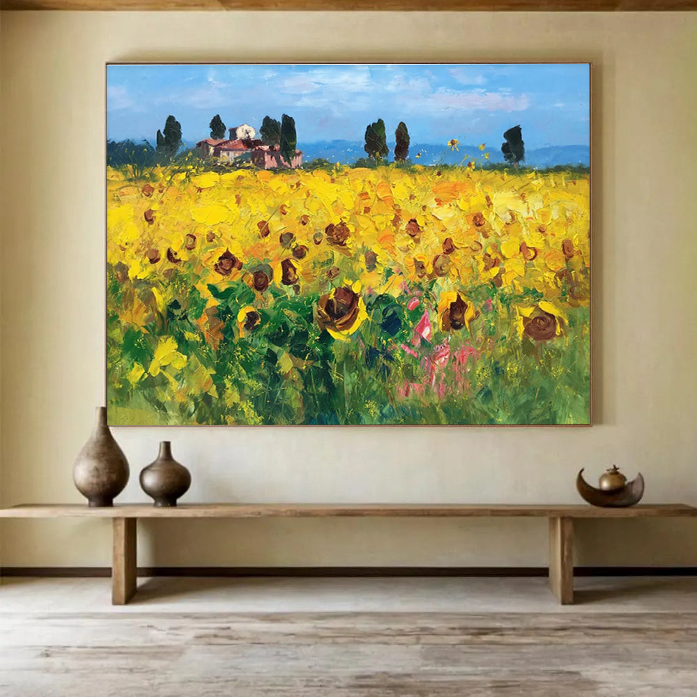 Yellow Green Sunflower Field Abstract Painting THY461