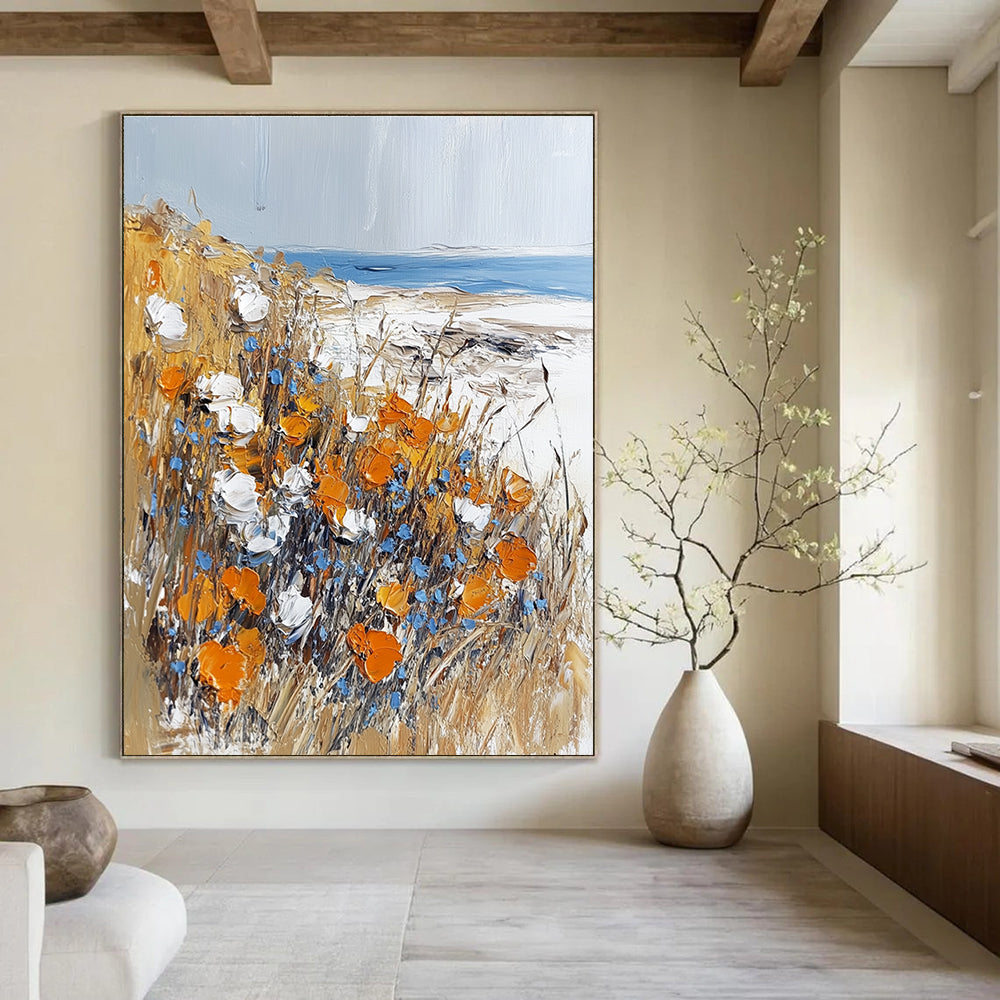 Abstract painting featuring impasto technique with meadow flowers on the beach in white orange and light blue hues.STSC1369