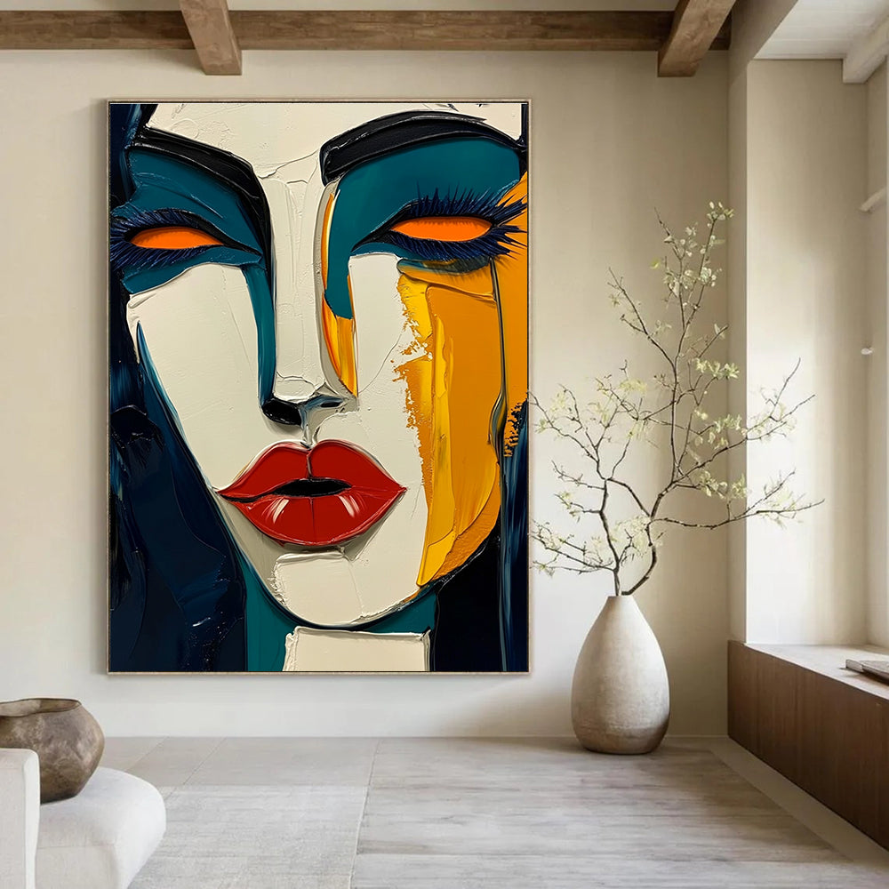 Large abstract painting in Picasso style featuring dark blue and yellow hues with bold red lips and green skin tone on a white background.STSC049