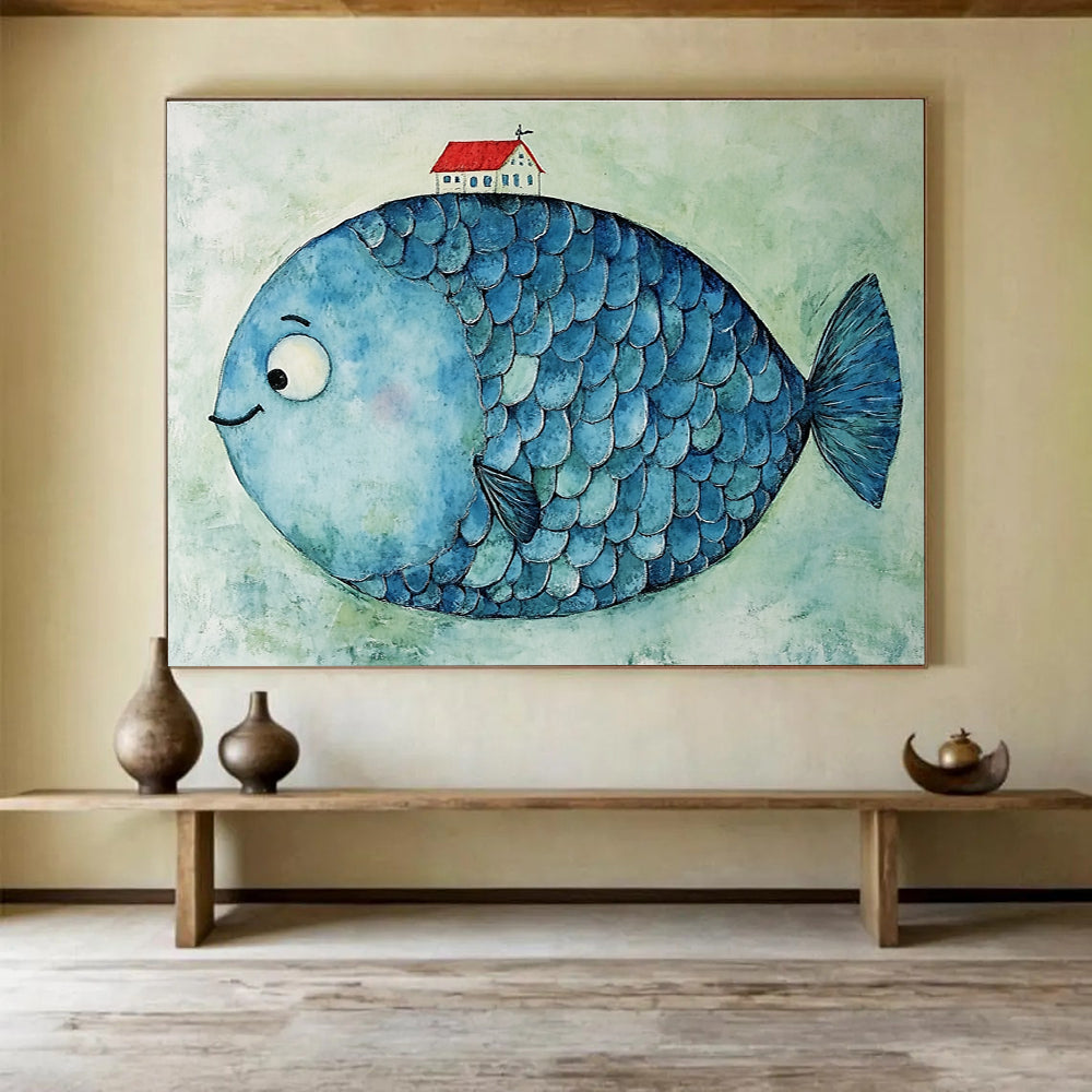 A large abstract blue fish with ripple-like scales and a small red house on its head against a light green textured background.SC478