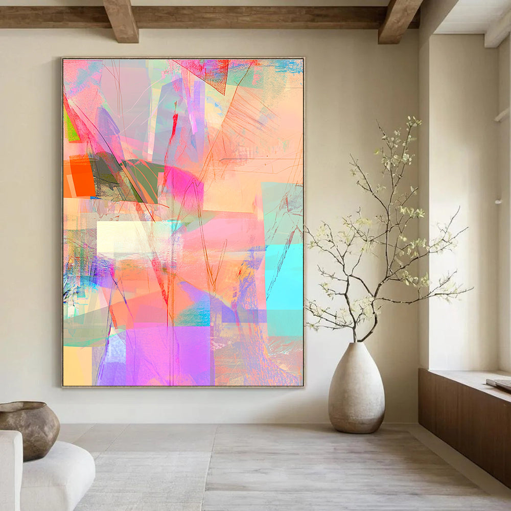 Abstract digital collage with pastel colors featuring neon pink squares bright blue patterns soft orange lines and vibrant green and yellow accents.STSC543