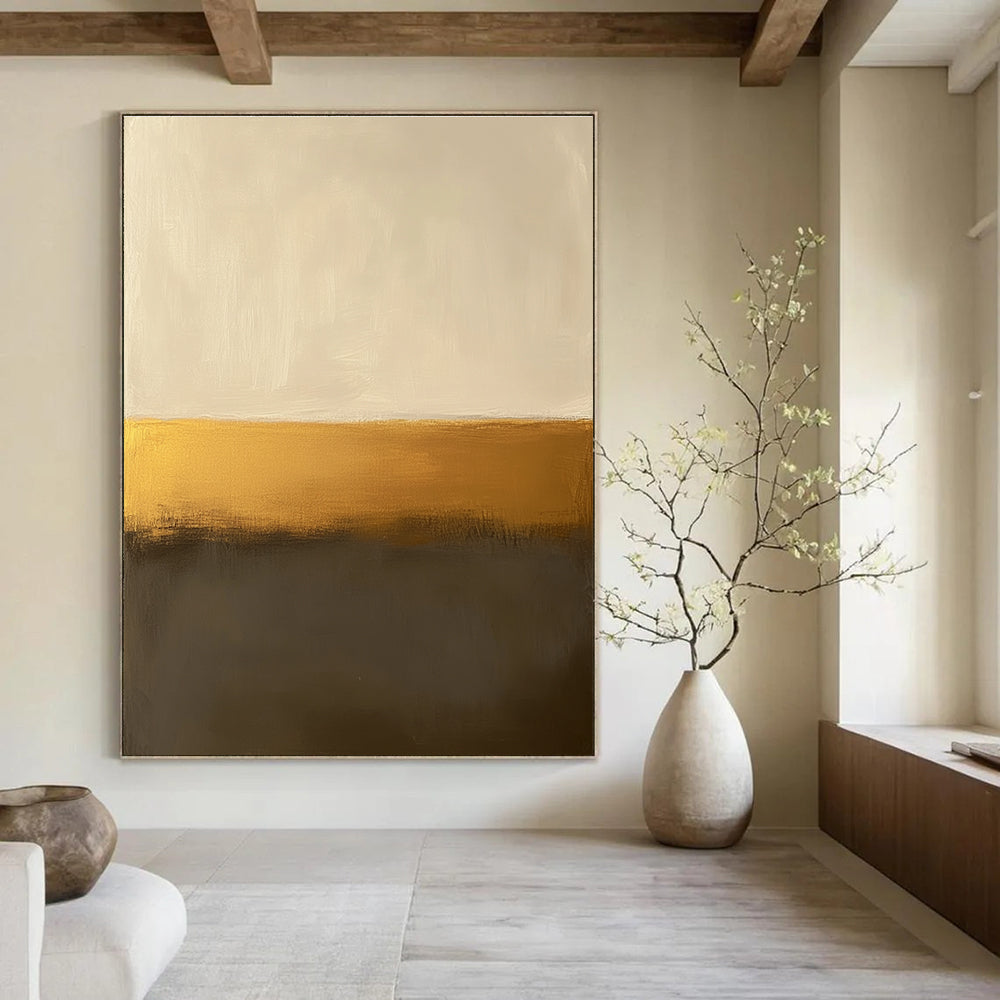 Large abstract painting in beige and gold, inspired by Mark Rothko's minimalist style, perfect for modern decor.STSC112