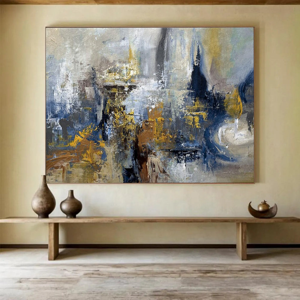 Blue Gray Gold Abstract Painting with Industrial Abstraction THY339